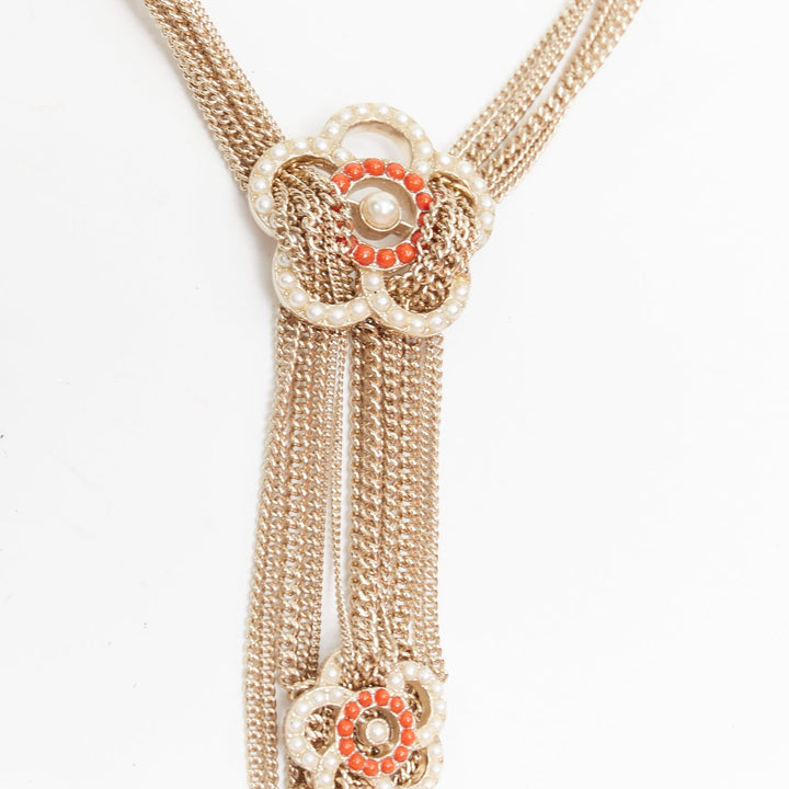 CHANEL A16P gold tone Camellia floral pearl fringe CC station sautoir necklac