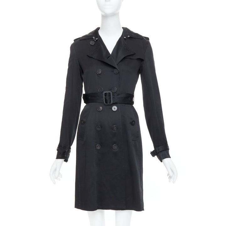 BURBERRY LONDON black 100% silk check lined belted trench coat