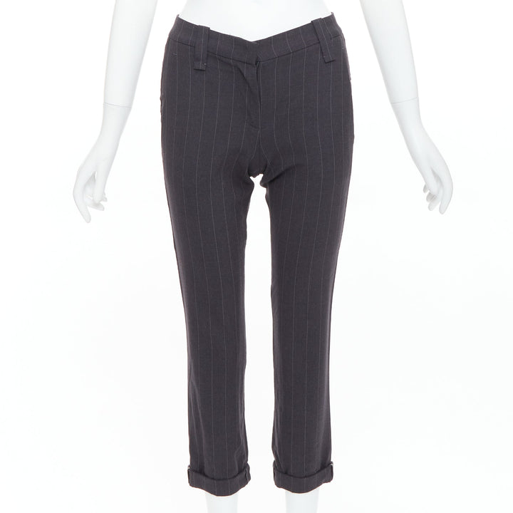 BRUNELLO CUCINELLI grey virgin wool blend pinstripe cuffed crop trousers IT38 XS