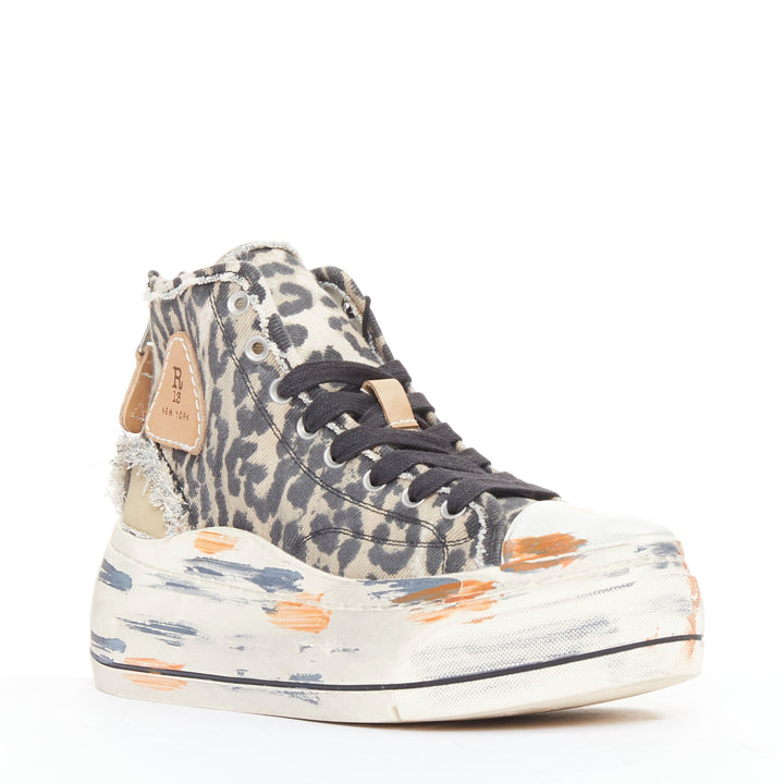 R13 Kurt beige grey leopard print orange paint effect platform high sneaker EU38