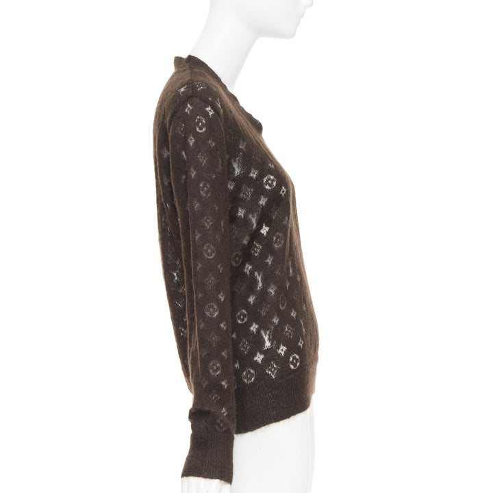 LOUIS VUITTON brown mohair blend LV logo monogram sheer knit sweater XS