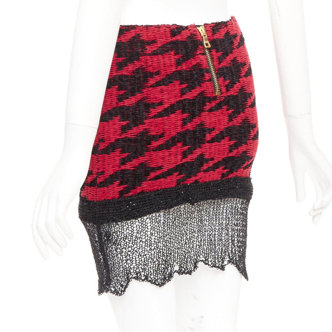 BALMAIN red black viscose blend tweed sequin trim velvet buttons skirt FR34 XS
