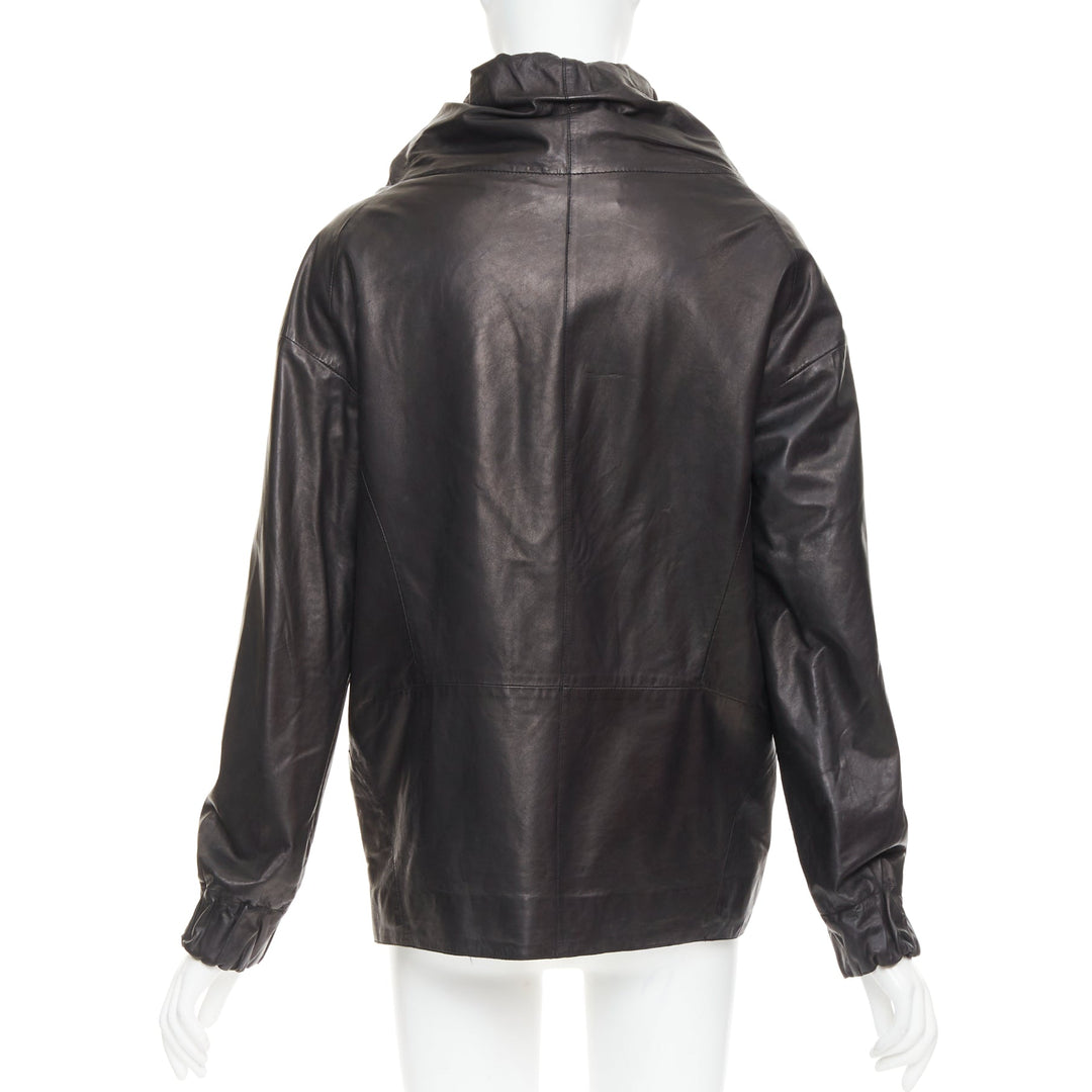 MARNI black lamb leather gathered collar zip up oversized jacket IT42 M