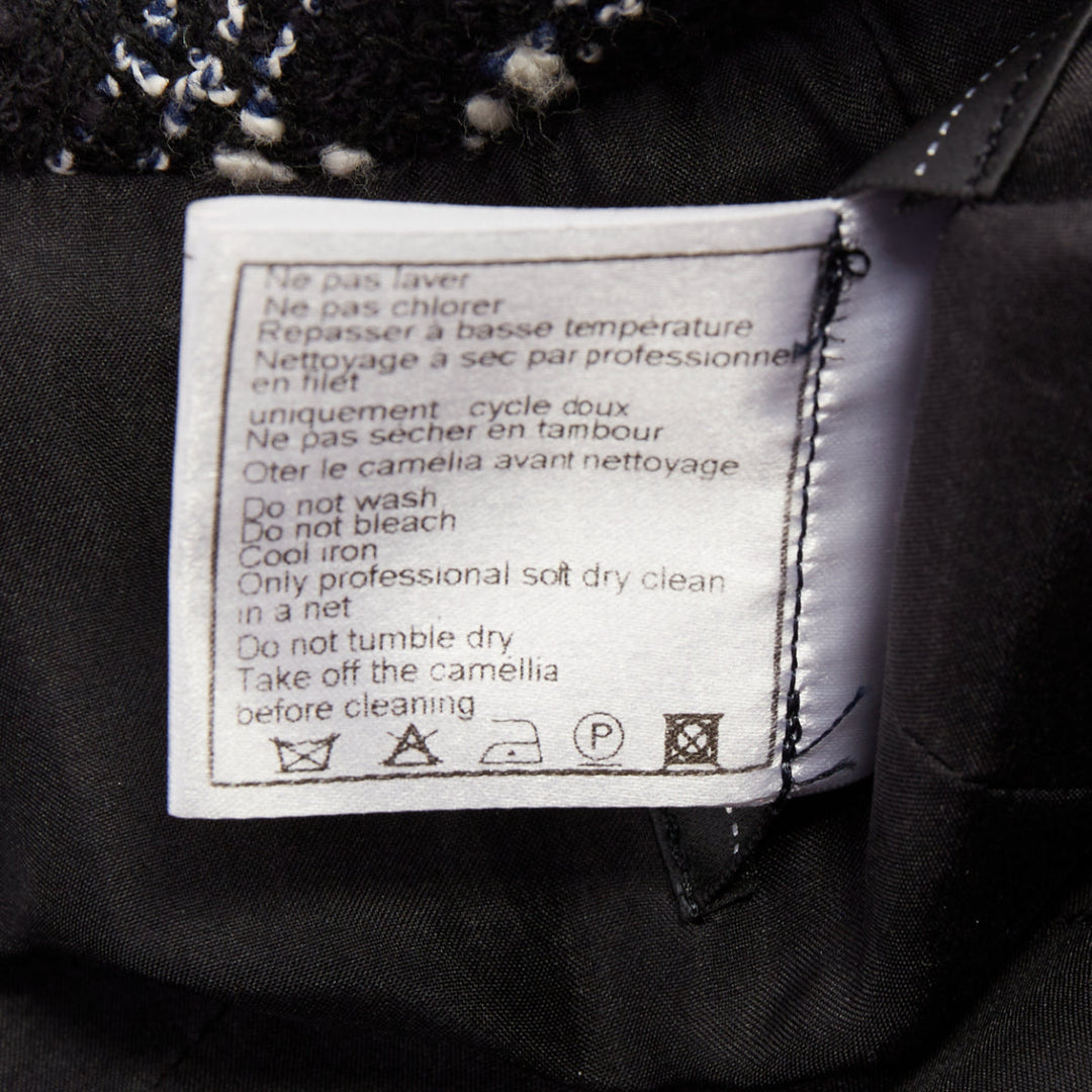 CHANEL 2007 black white check plaid bow collar fringe tweed dress FR36 S