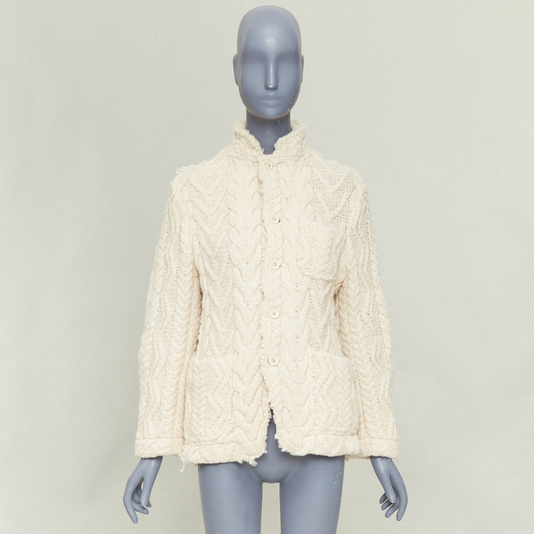 JUNYA WATANABE MAN 2003 cream frayed edge wool cable knit tailored jacket M