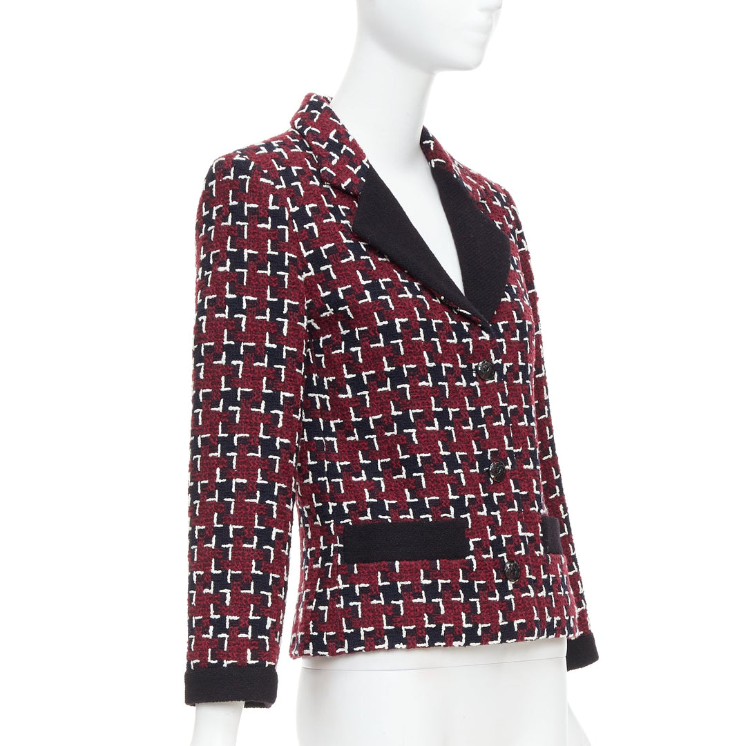 CHANEL 15A Runway Brassiere burgundy black geometric CC tweed jacket FR36 S