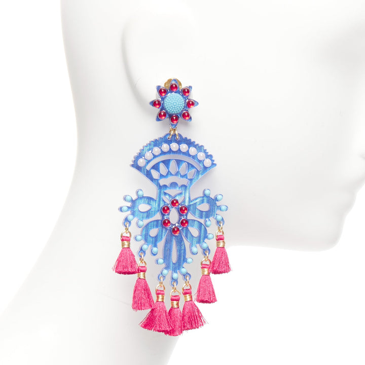 MERCEDES SALAZAR red blue acrylic beads tassel dangling clip on earrings Pair