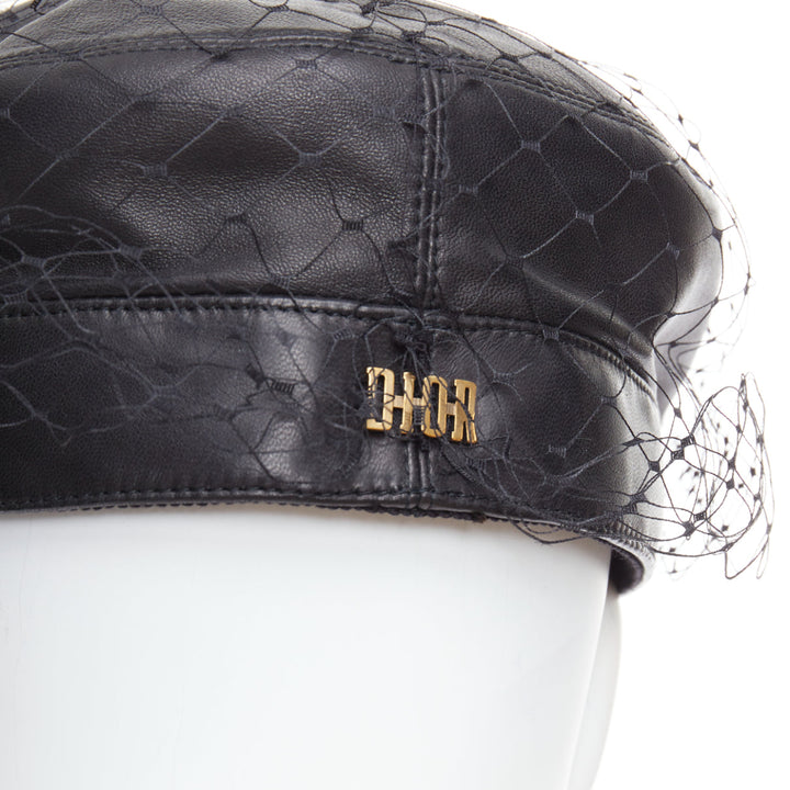 DIOR Arty black soft leather mesh veil CD bee lined newsboy hat