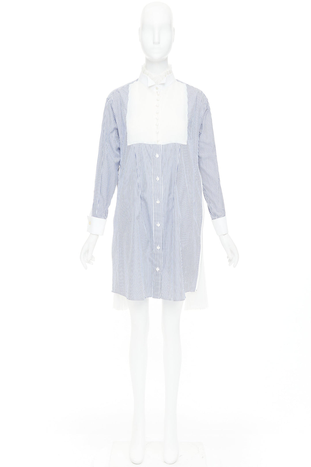 SACAI 2017 blue white striped cotton poplin bib collar ruffle shirt dress JP1 S
