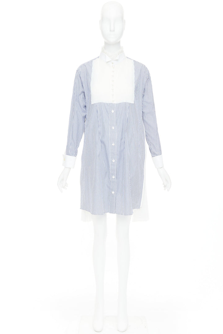 SACAI 2017 blue white striped cotton poplin bib collar ruffle shirt dress JP1 S