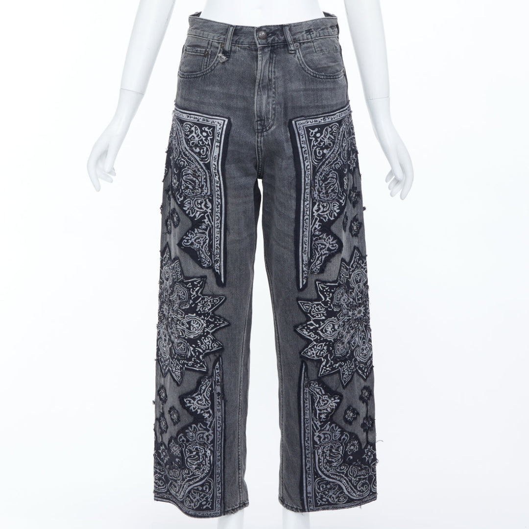 R13 2024 Venti black paisley raw hem drop crotch loose boyfriend jeans 23"