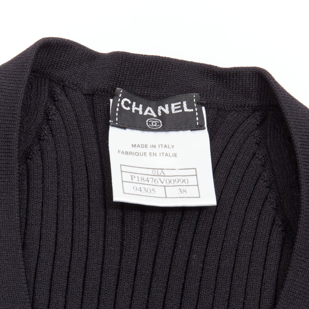 CHANEL 01A gold CC logo charm  black ribbed V neck cropped vest top FR38 M