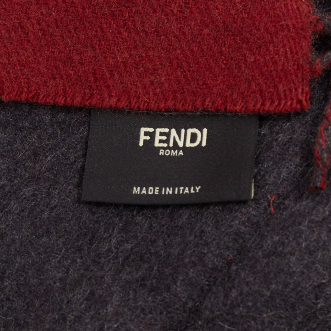 FENDI  100% cashmere burgundy grey bicolor pocket fringed long scarf
