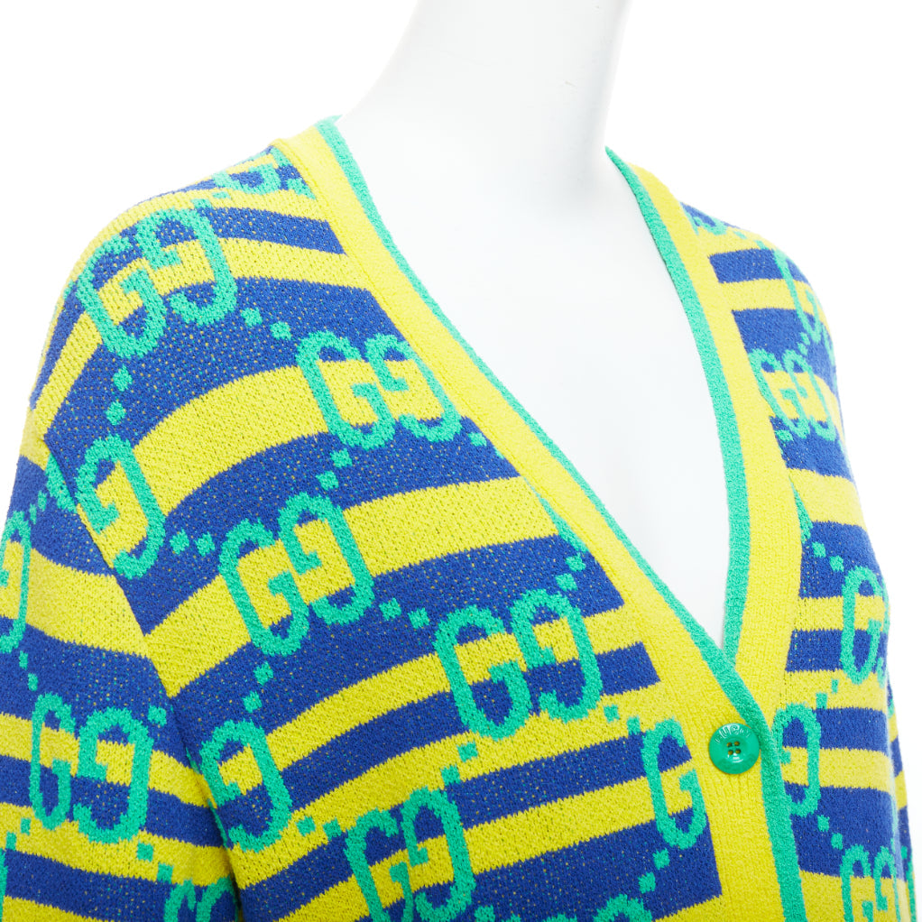 GUCCI green yellow blue GG monogram stripe cardigan XS