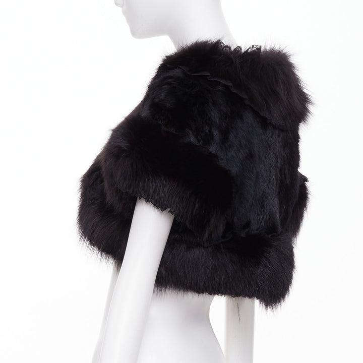 ADAM JONES 2004 black lace trim fox rabbit fur cropped open front bolero FR40 L