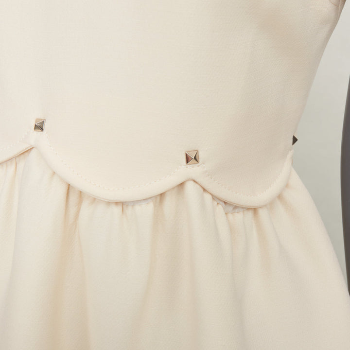 VALENTINO ivory Crepe Couture silver Rockstud scalloped Bambolina dress IT42 M