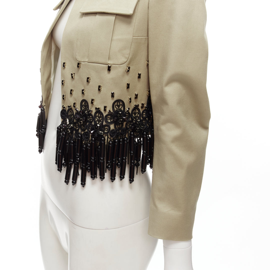 DSQUARED2 2015 black bead tassels khaki military cargo cropped jacket IT38 XS