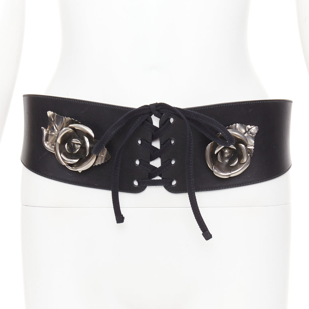PRADA 2016 Runway black silver 3D rose embellished floral corset belt 80cm