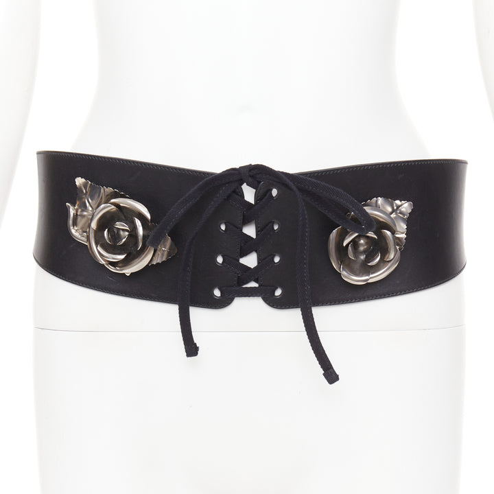 PRADA 2016 Runway black silver 3D rose embellished floral corset belt 80cm
