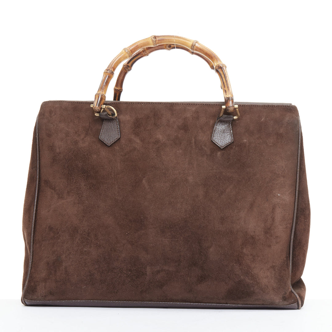 GUCCI Vintage Bamboo brown suede leather nude handle satchel bag