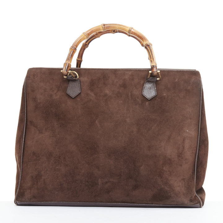 GUCCI Vintage Bamboo brown suede leather nude handle satchel bag
