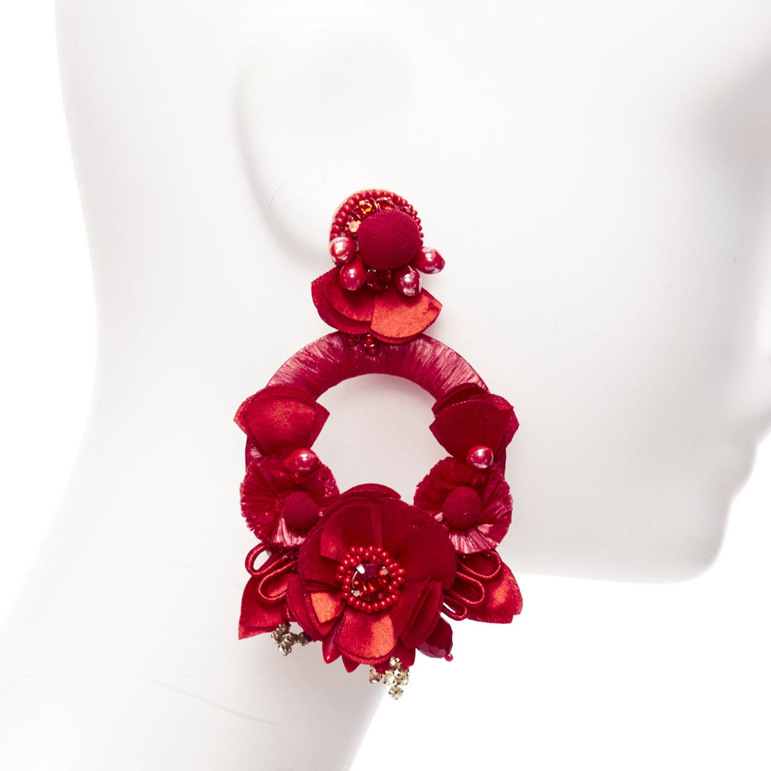 RANJANA KHAN red fabric floral petal beaded dangling clip on earrings