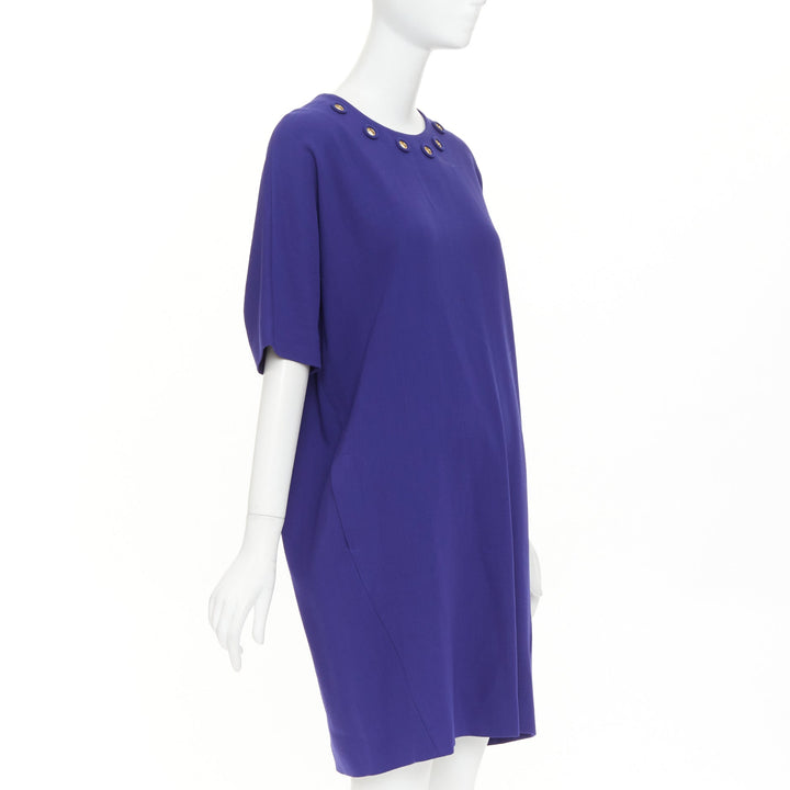 ESCADA bluebell cobalt wool crepe dual pocket eyelet shift dress FR40 L