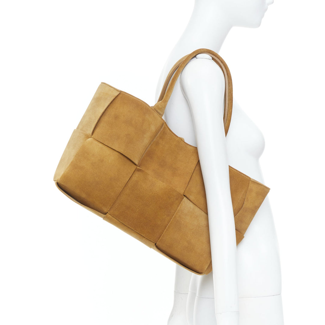 BOTTEGA VENETA Arco Medium camel suede maxi intrecciato top handle hobo tote bag