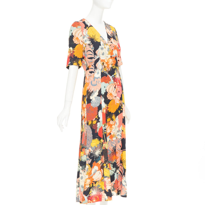 DRIES VAN NOTEN 2017 Runway orange yellow black floral Vneck midi dress FR36 S