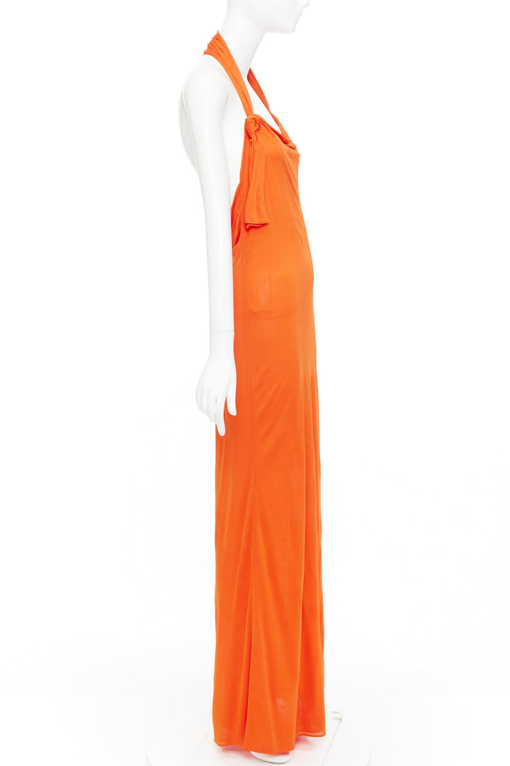 SAINT LAURENT 2023 orange asymmetric knot halter draped backless gown FR38 M