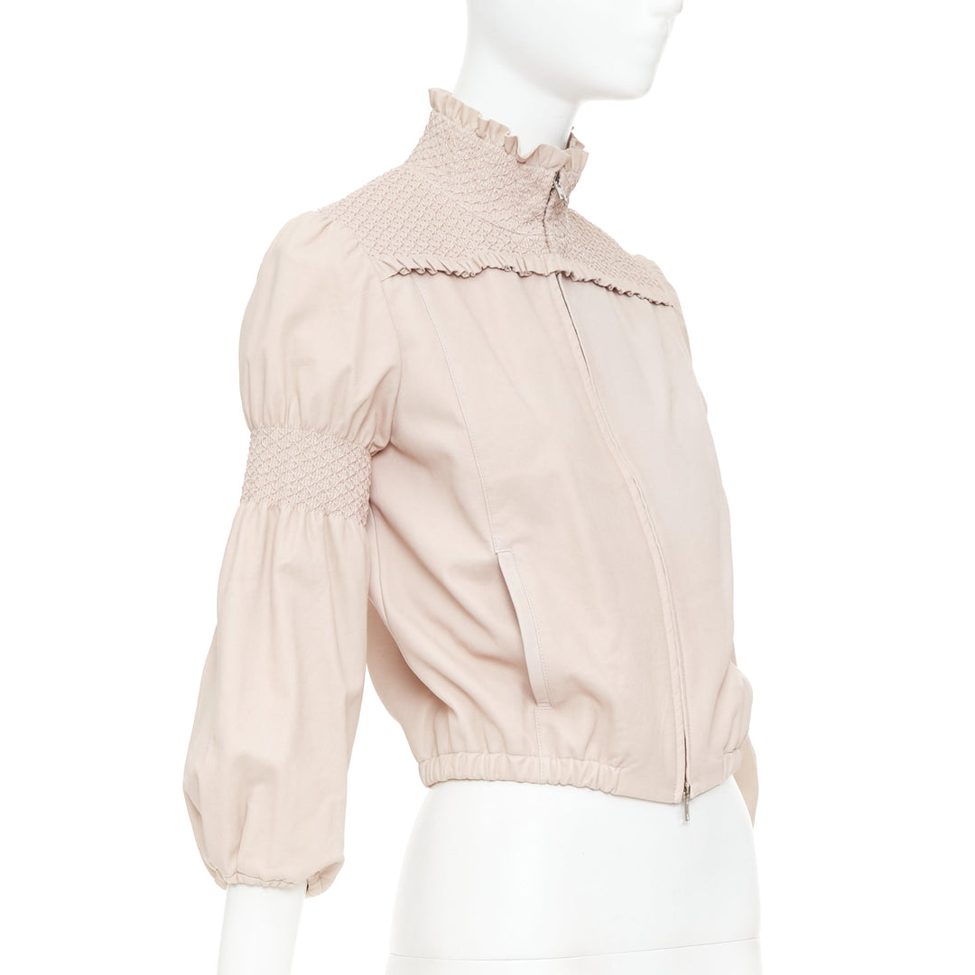 MIU MIU 2019 baby pink smocked lambskin leather ruffled puff crop jacket IT40 S
