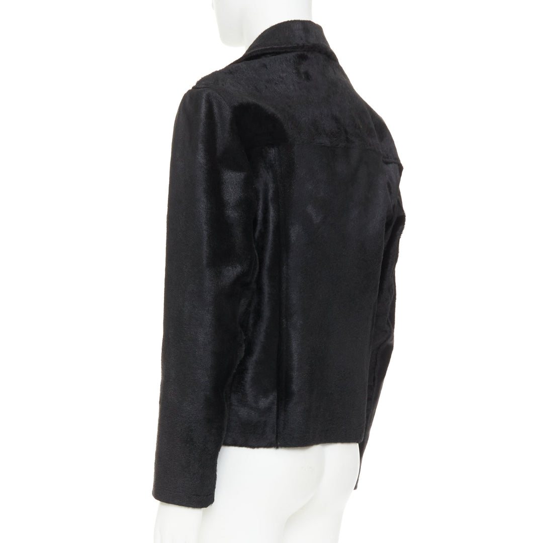PRADA 1990s Vintage black horsehair leather pocketed boxy minimal jacket IT48 M