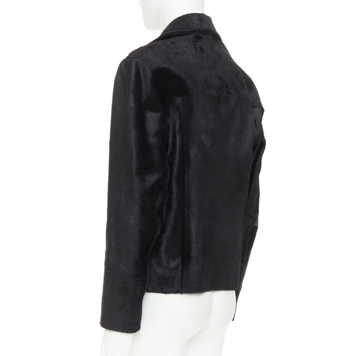 PRADA 1990s Vintage black horsehair leather pocketed boxy minimal jacket IT48 M