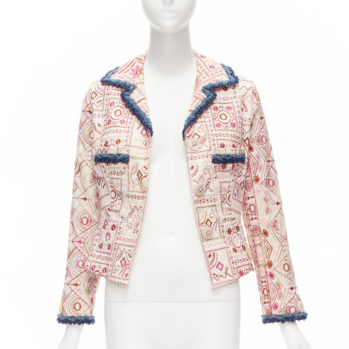 VOYAGE INVEST IN THE ORIGINAL LONDON white embroider blue boucle peplum jacket M