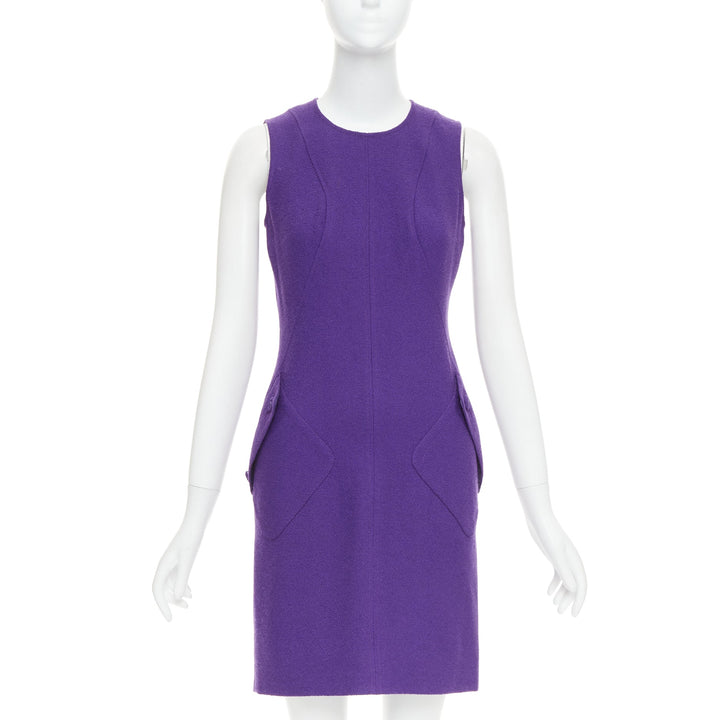 VERSACE purple boucle wool Medusa button slant pocket dress IT38 XS