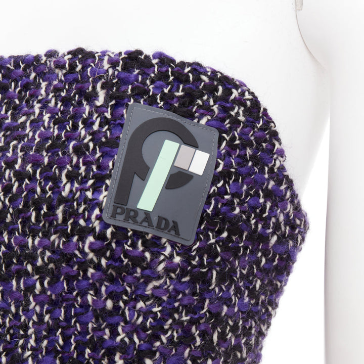 PRADA 2018 Runway purple wool tweed rubber badge strapless bustier tube IT40 S