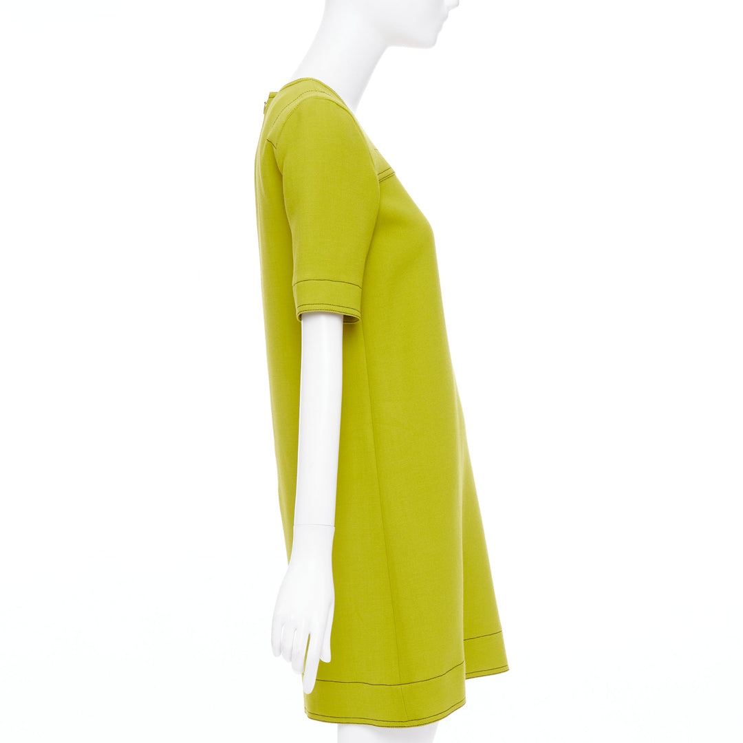 MARNI lime green 100% virgin wool overstitch silk lined shift dress IT36 XXS