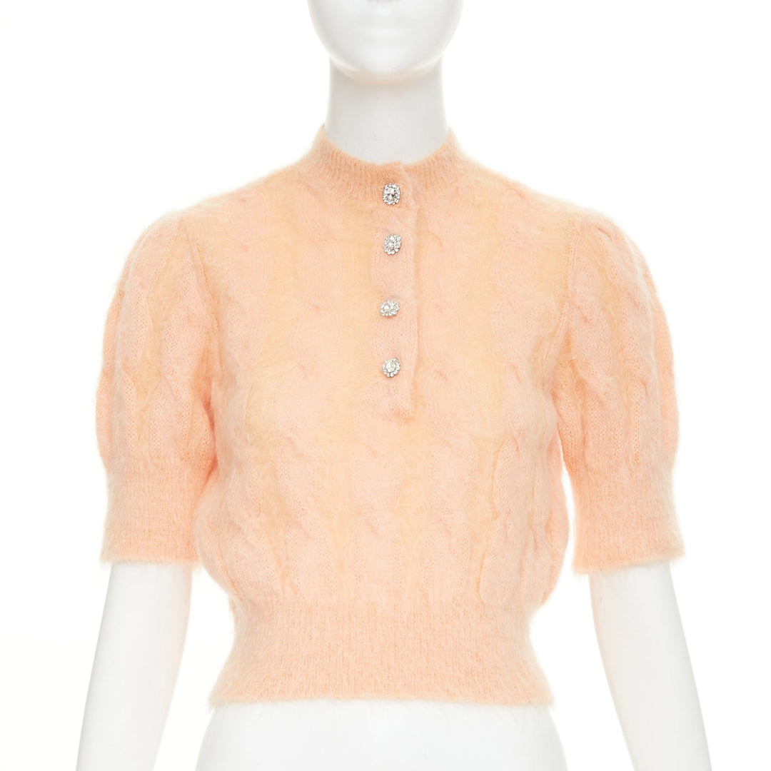 PACO RABANNE coral orange mohair crystal flower puff sleeved cropped pullover S