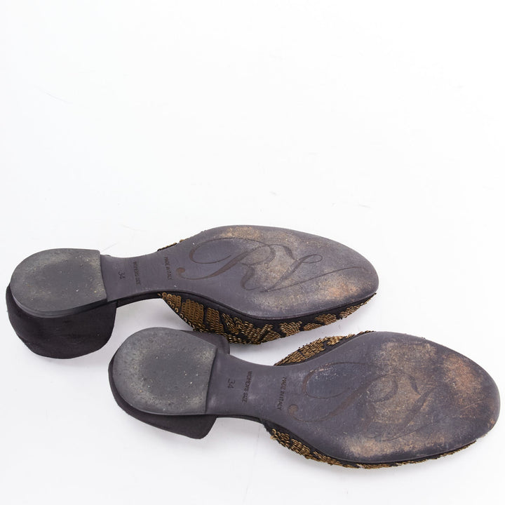 ROGER VIVIER gold sequin black satin half dorsay ballerina flats EU34