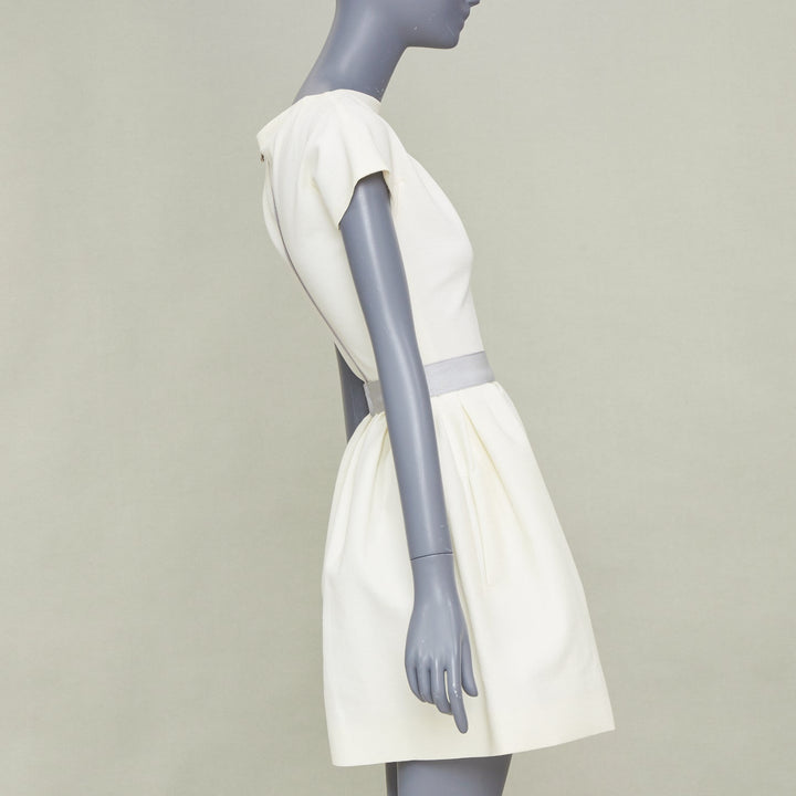 VICTORIA BECKHAM 2010 N91 cream origami fold grey belted cotton dress UK6 XS