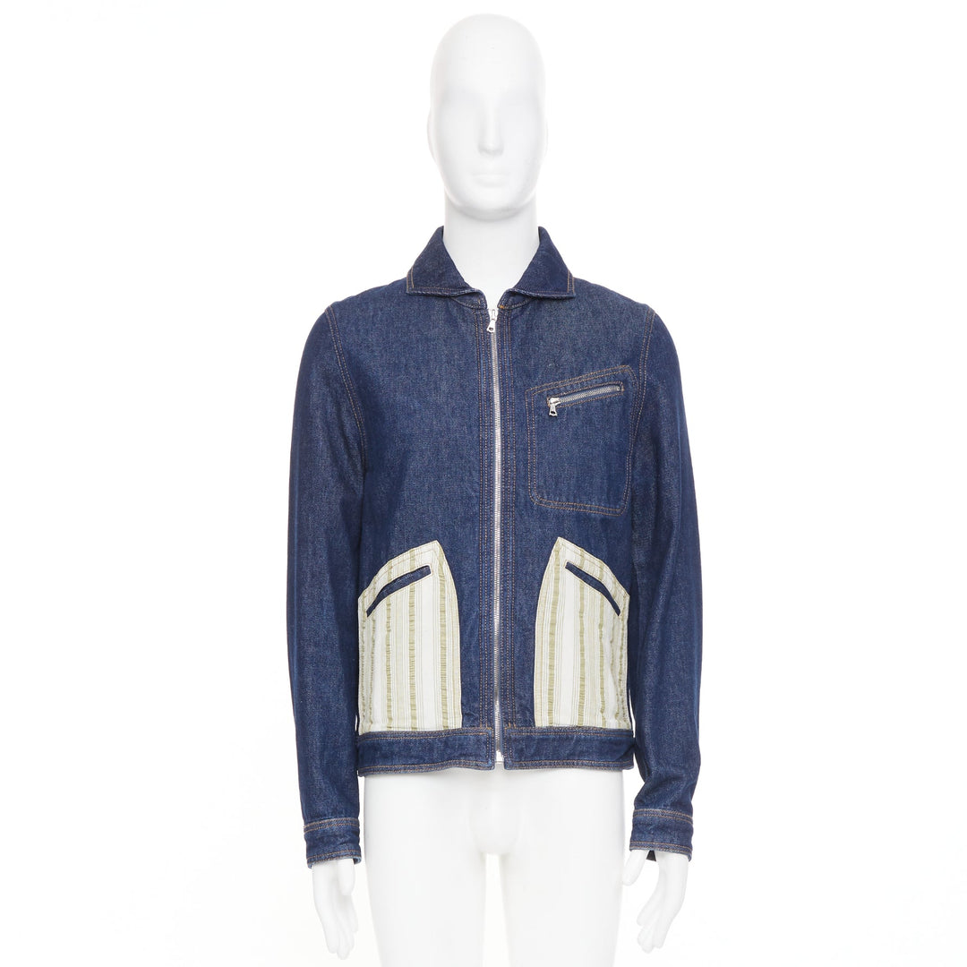 WALES BONNER Miles contrast stripe pocket raw blue multi denim outerwear IT46 S