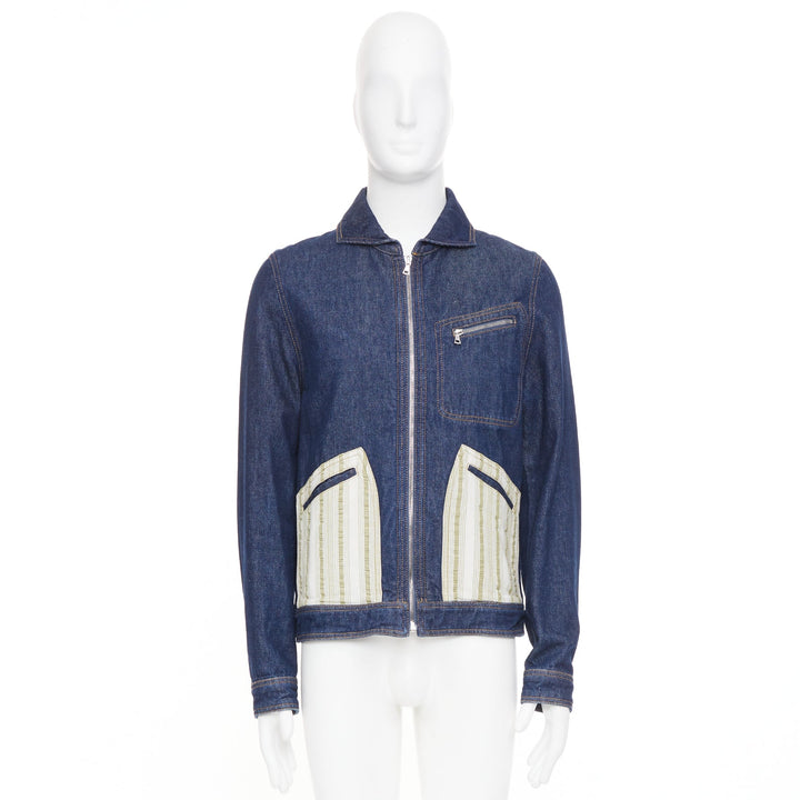 WALES BONNER Miles contrast stripe pocket raw blue multi denim outerwear IT46 S