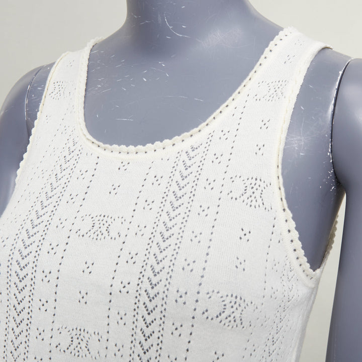 CELINE 2022 Triomphe Logo off white cotton pointelle knit cropped tank top S