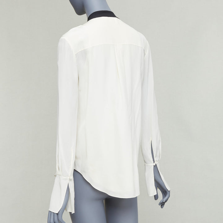 CHLOE milk cream black 100% silk tie neck ruffled peasant blouse FR36 S