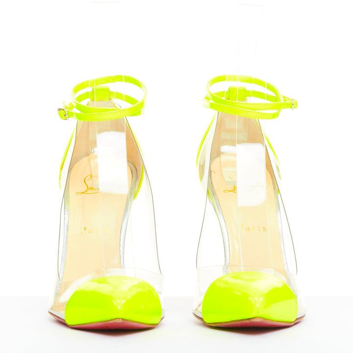 CHRISTIAN LOUBOUTIN Un Bout 100 Fluo Chic yellow patent PVC pointy pumps EU37