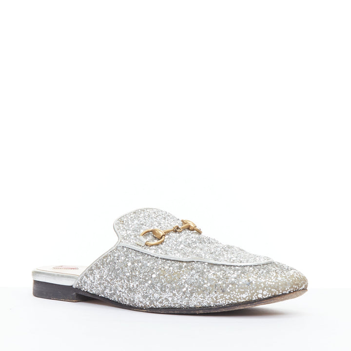 GUCCI Princetown silver glitter gold horsebit slip on loafer mules EU36.5