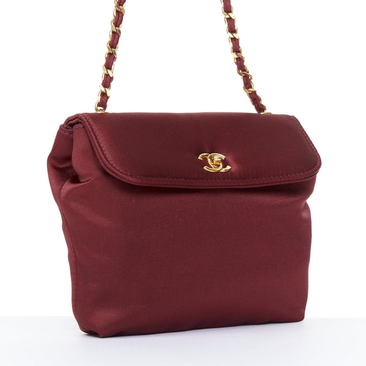 CHANEL 1990 Vintage burgundy satin envelope CC turnlock chain shoulder bag