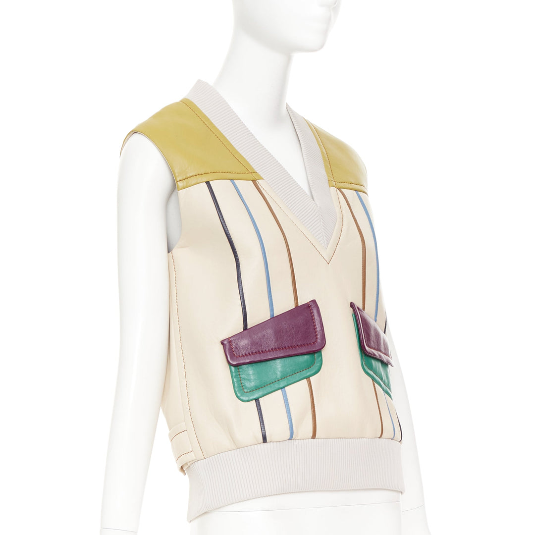 PRADA 2017 Runway leather beige colorblocked geometric sweater vest IT36 XXS