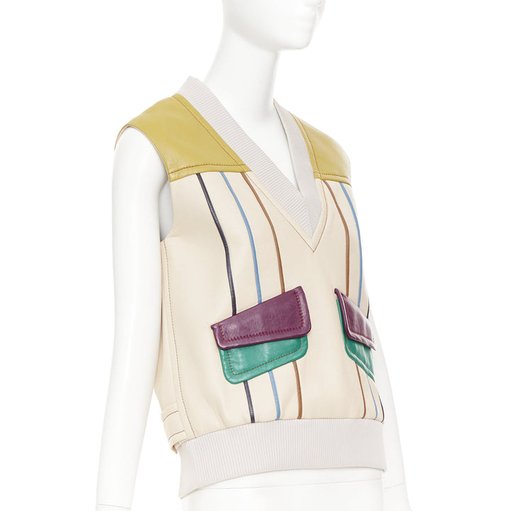 PRADA 2017 Runway leather beige colorblocked geometric sweater vest IT36 XXS