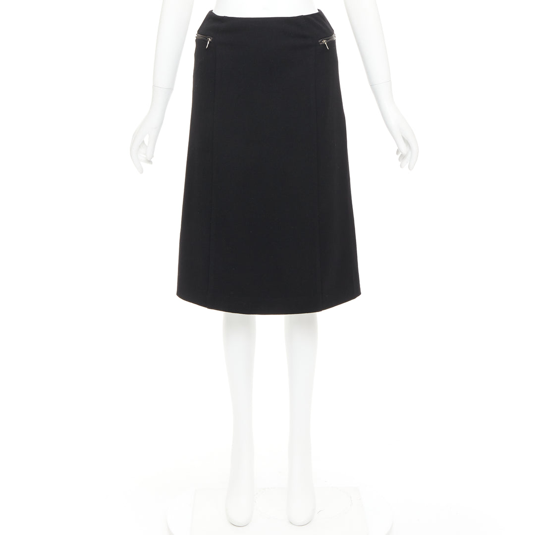 PRADA Vintage black wool minimal linear leather trim zip pocket skirt IT38 XS